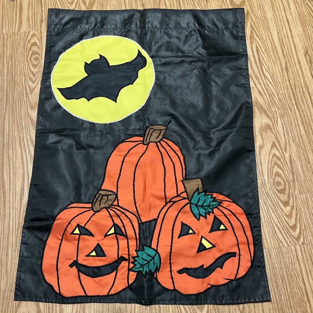 Vintage Garden House Banner Flag 28x38 Halloween Black Bat Pumpkin Full Moon